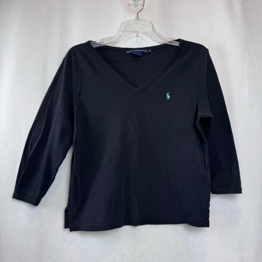 Ralph Lauren Sport Womens Black 3/4 Sleeve V-neck with pony logo Size US XL